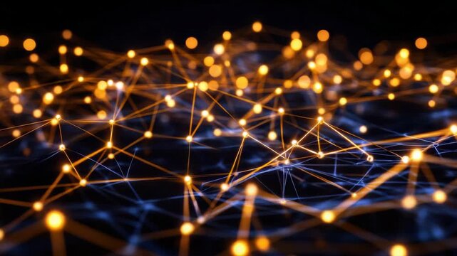 Glowing network nodes and connecting lines form abstract digital mesh connection line with warm
