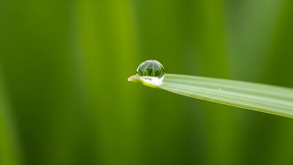 Macro close up of a single dew drop resting on the tip of a green grass blade