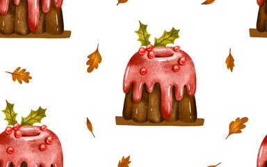 Seamless pattern Christmas festive lcream cake with glaze, winter dessert. Merry christmas and happy new year food. Hand drawn watercolor illustration endless background, vector, wrapping