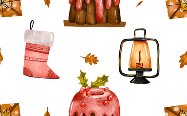 Seamless pattern Christmas festive lcream cake with glaze, winter dessert. Merry christmas and happy new year food. Hand drawn watercolor illustration endless background, vector, wrapping