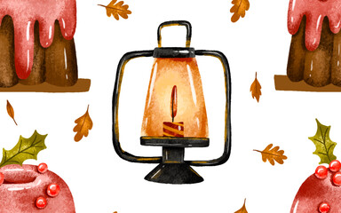 Seamless pattern Christmas festive lcream cake with glaze, winter dessert. Merry christmas and happy new year food. Hand drawn watercolor illustration endless background, vector, wrapping