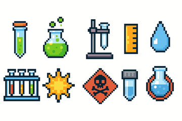 Naklejka premium Laboratory, science pixel icon set. Chemistry, experiment symbols in pixel art style