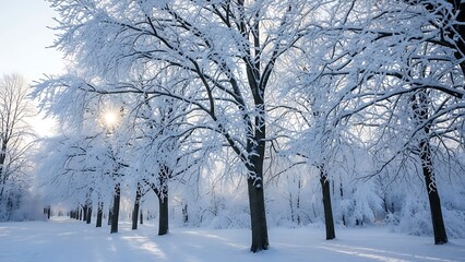 Obraz premium Snow covered trees in a serene winter landscape