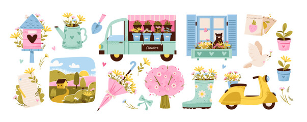 Whimsical spring set with garden flowers and cozy botanical elements, plants, and rustic outdoor details. Springtime gardening and countryside life. Pastel vector illustration.
