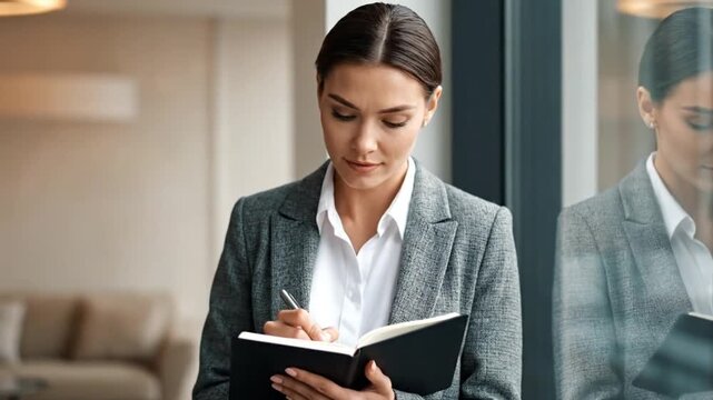 Confident Businesswoman Taking Notes in Modern Office with City View Reflection