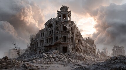 A destroyed building amidst a post-apocalyptic setting, capturing the devastation of a fallen civilization.