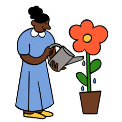 Woman watering a huge flower with watering can