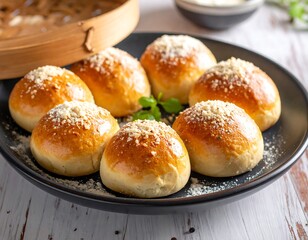 Shiny, golden buns topped with crumbs, served on a dark plate next to a steamer and dipping sauce