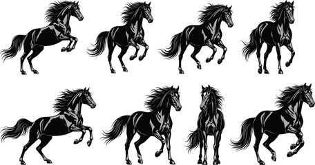 Running horse illustration collection with dynamic galloping poses detailed flat vector set isolated on white background for equestrian and animal design © Sumon Creative