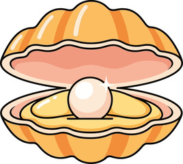 Cartoon Illustration of Open Oyster Shell Revealing a Shiny White Pearl Inside