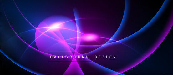 Abstract background features vibrant blue, purple light streaks. Dynamic curves create modern design, glowing center point.