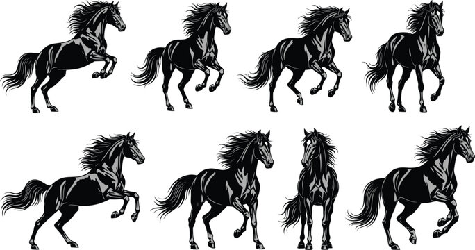 Running horse illustration collection with dynamic galloping poses detailed flat vector set isolated on white background for equestrian and animal design