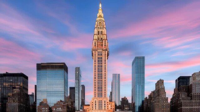 Art deco tower skyline at sunset with pink pastel clouds and neo classical reflective skyscraper
