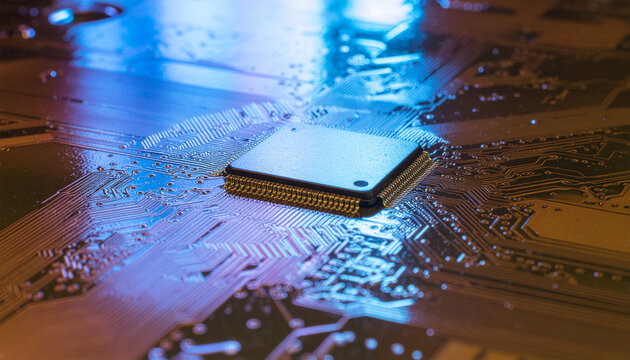 Close-up of a microchip with glowing circuitry, representing data flow, processing power, and modern digital technology. - Powered by Adobe