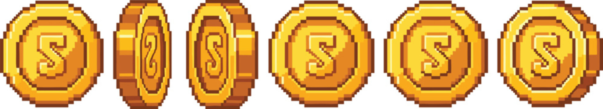 Pixel Art Gold Coin Vector Illustration Set Featuring Retro Game Currency Icons, 8 Bit Style Money Tokens, and Classic Arcade Economy Elements for Game Design Projects