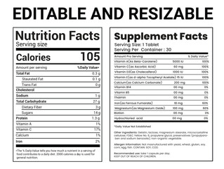 Nutrition Facts, Nutrition Facts Label, Supplement facts, Nutrition List, Vitamin Facts, Supplement list, Nutrition Template, Supplement Template 