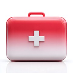 Obraz premium Glossy Red and White First Aid Kit on White Background 3D Render