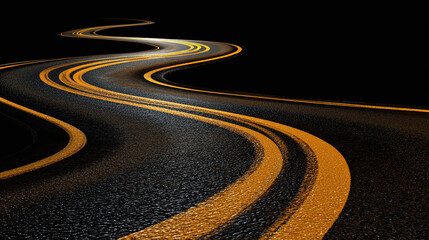 A winding road with yellow lines disappearing into the dark horizon, symbolizing a journey or path forward