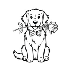 Fototapeta premium Adorable dog holding rose in mouth with bow tie