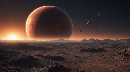 Alien planet landscape with a sun and gas giant in the sky