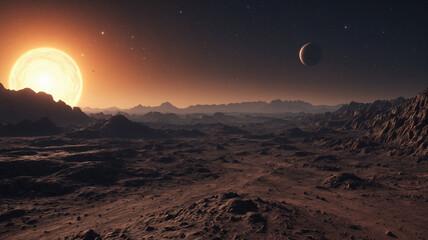 Alien planet landscape with a sun and gas giant in the sky