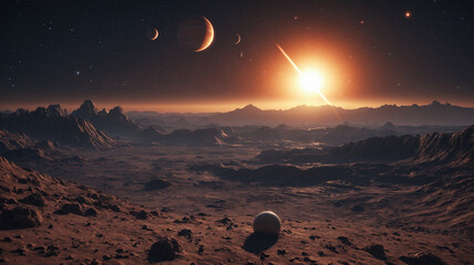 Alien planet landscape with a sun and gas giant in the sky