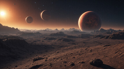 Alien planet landscape with a sun and gas giant in the sky