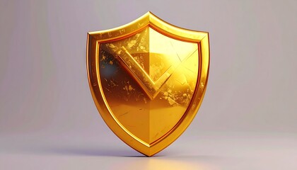 Shiny golden shield with checkmark inset on a grey gradient background