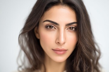 Captivating close-up of woman with long dark hair light brown eyes natural makeup well-defined eyebrows round face fair skin soft features pure white background radiant smile