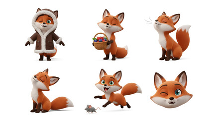 Obraz premium Playful 3D Fox Characters in Various Fun Poses and Activities for Illustrative Use