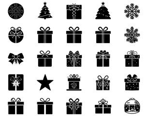 Silhouette festive elements gifts, trees, snowflakes, stars, bows in a grid, graphic