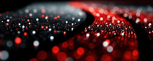 Abstract red glowing dots form a curved arrow across a dark background, a dynamic digital art composition