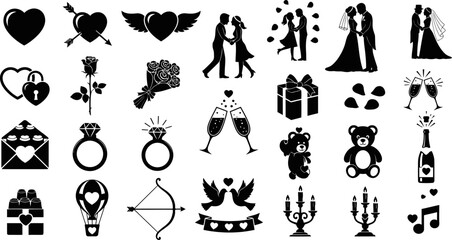 Romantic Valentine icon bundle featuring hearts, wings, couples, teddy bears, love, passion, joy, happiness worldwide
