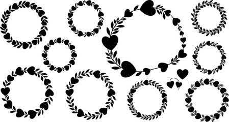 A big bundle of heart circle frames wreath, valentine wreath romantic frames hand drawn vector illustration.