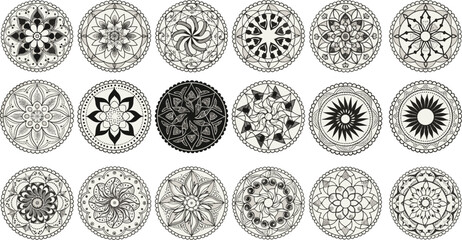 Set of Eighteen Hand Drawn Circular Mandala Patterns with Intricate Floral and Geometric Details Isolated on White Background for Decorative Design Projects