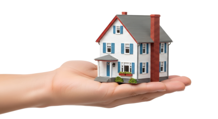 Hand holding miniature white house isolated on transparent background