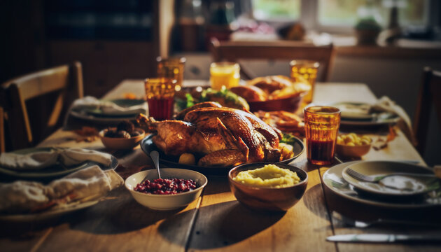 dinde r&ocirc;tie et festin de Thanksgiving sur table en bois, repas de No&euml;l