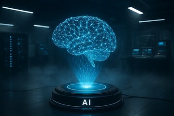 AI Brain Hologram in Futuristic Data Center