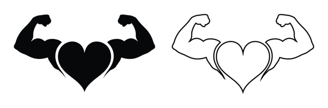 Heart with flexed arm muscles in black and line art,Healthy black and white flat vector icon design. Heart with muscle arms symbol and glyph design