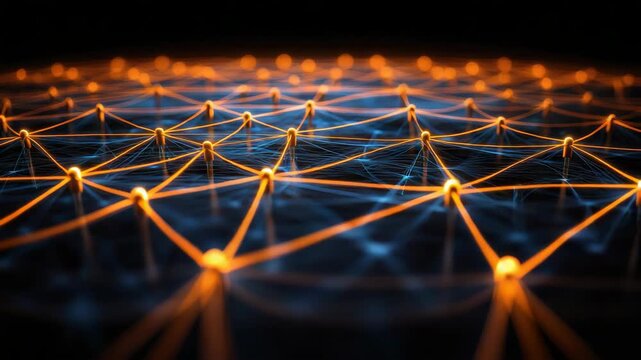 Glowing network of interconnected nodes and filament connections forming futuristic grid of glowing