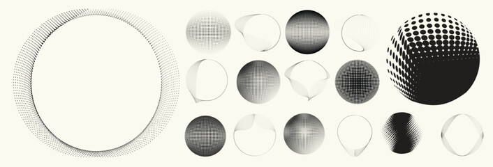 Abstract circular halftones element set, geometric dotted ring and spiral circle shapes for modern design, technology, or motion graphic backgrounds. Dotted round elements, radial spirals, and vortex.