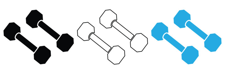 Dumbbells in black, white, and blue for fitness and exercise,Dumbbell icon set. Line and glyph dumbbell weight vector. Gym dumbbell collection,Fitness dumbbell vector icon symbol design