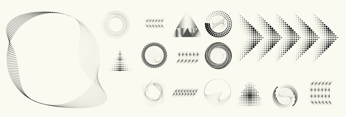 Abstract circular halftones element set, geometric dotted ring and spiral circle shapes for modern design, technology, or motion graphic backgrounds. Dotted round elements, radial spirals, and vortex.
