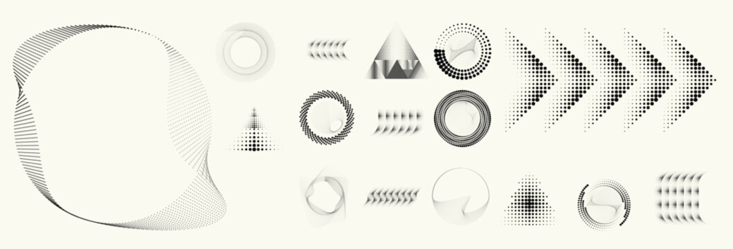 Abstract circular halftones element set, geometric dotted ring and spiral circle shapes for modern design, technology, or motion graphic backgrounds. Dotted round elements, radial spirals, and vortex.