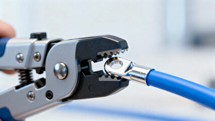 Precision Crimping Tool Holding Connector on Blue Wire for Electrical Work