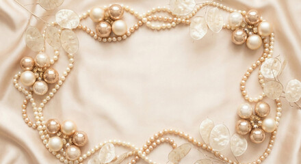 Obraz premium Pearl garlands are arranged on a soft satin fabric surface.