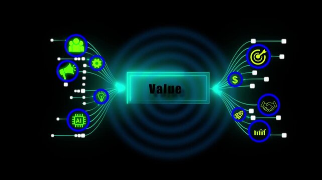 Digital maintenance infographic showing value chain optimization with neon icons for artificial intelligence marketing strategy finance growth and successful business partnerships