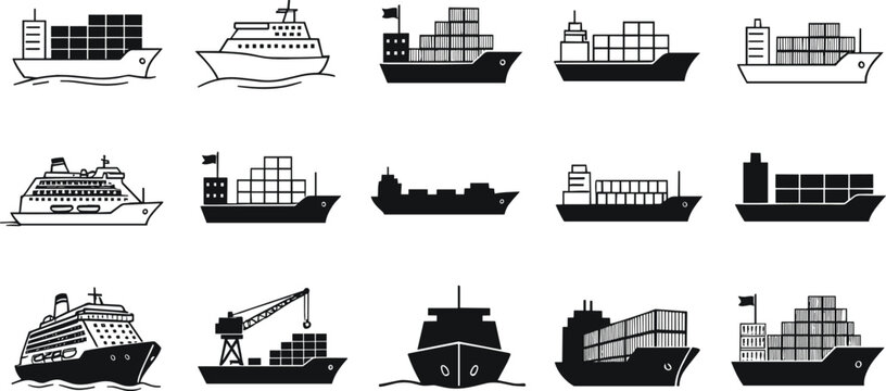 Ship and vessel icon silhouette collection with cargo cruise and container ships flat vector illustration isolated on white background for maritime design