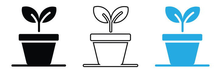 Minimalist plant icons in black, white, and blue for growth concepts,Seedling icon vector silhouette. Leaf nature icon vector,Potted plant growth. Simple icon of a potted plant, symbolizing growth,