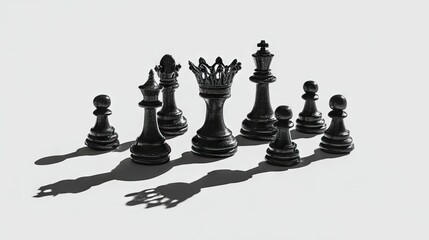 Black chess pieces on white background with shadows strategy concept
